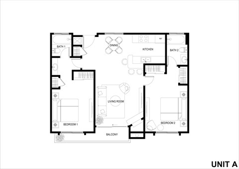 Floor plan for 2 beds, 2 baths, 911 sqft
